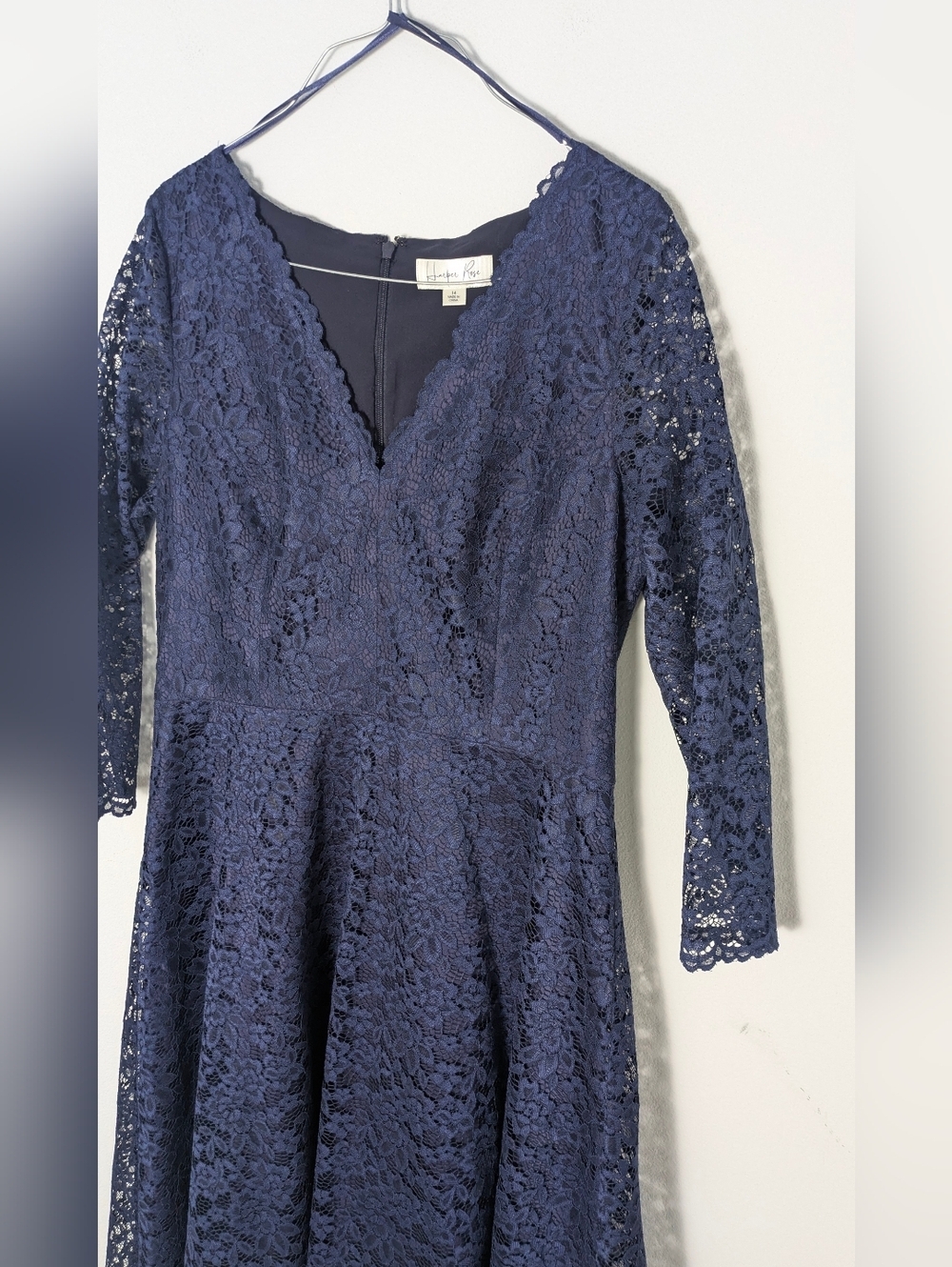 Harper Rose Navy Blue V-neck Lace Party Dress Half Sleeve Knee Length Sz 14 euc - Picture 2 of 11
